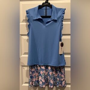 X by Gottex Golf Tennis Pickleball 2 pc Set Blue Ruffle and Floral Ruffle Skort